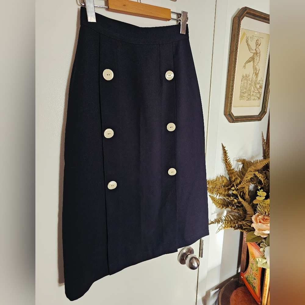 Vintage Wool Blend Sailor Style Black Midi Skirt Button Accents